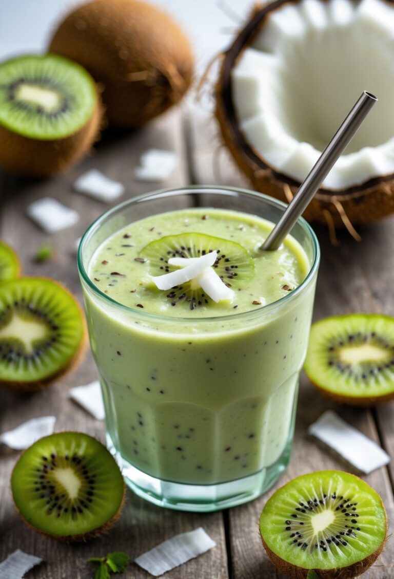 A glass of kiwi coconut smoothie surrounded by sliced kiwis and a halved coconut on a wooden table.
