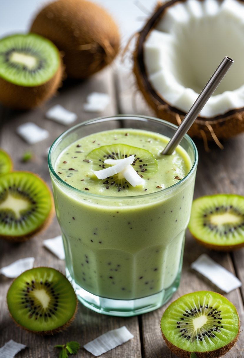 A glass of kiwi coconut smoothie surrounded by sliced kiwis and a halved coconut on a wooden table.