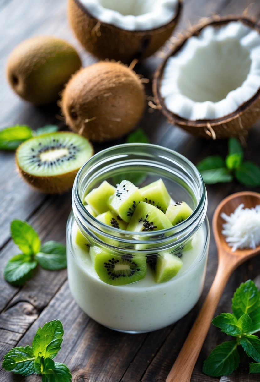 Fresh kiwis, a halved coconut, coconut milk in a jar, and a blender with chopped kiwi and coconut pieces arranged on a wooden surface.
