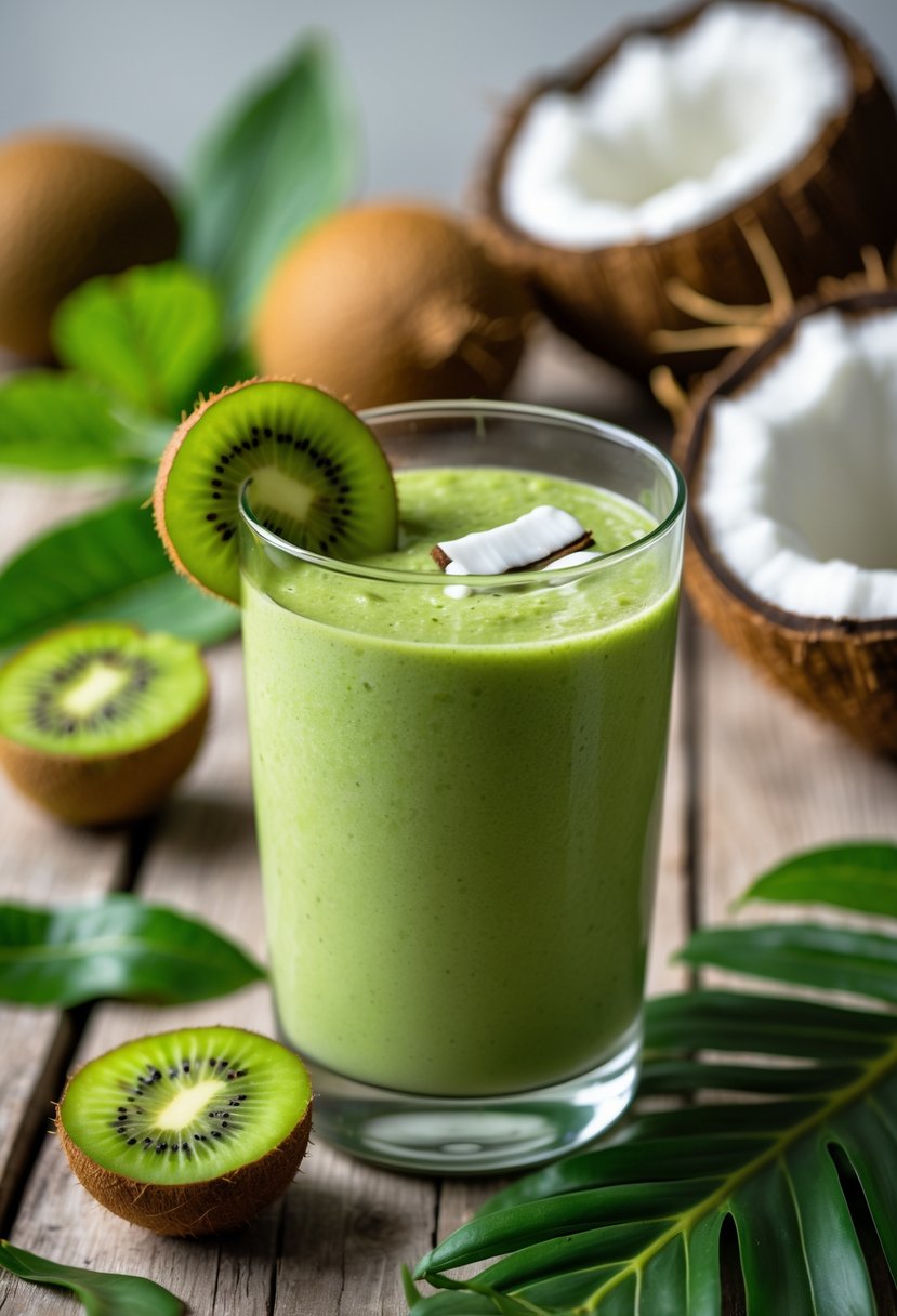 A glass of kiwi coconut smoothie surrounded by fresh kiwis and a halved coconut on a wooden table.