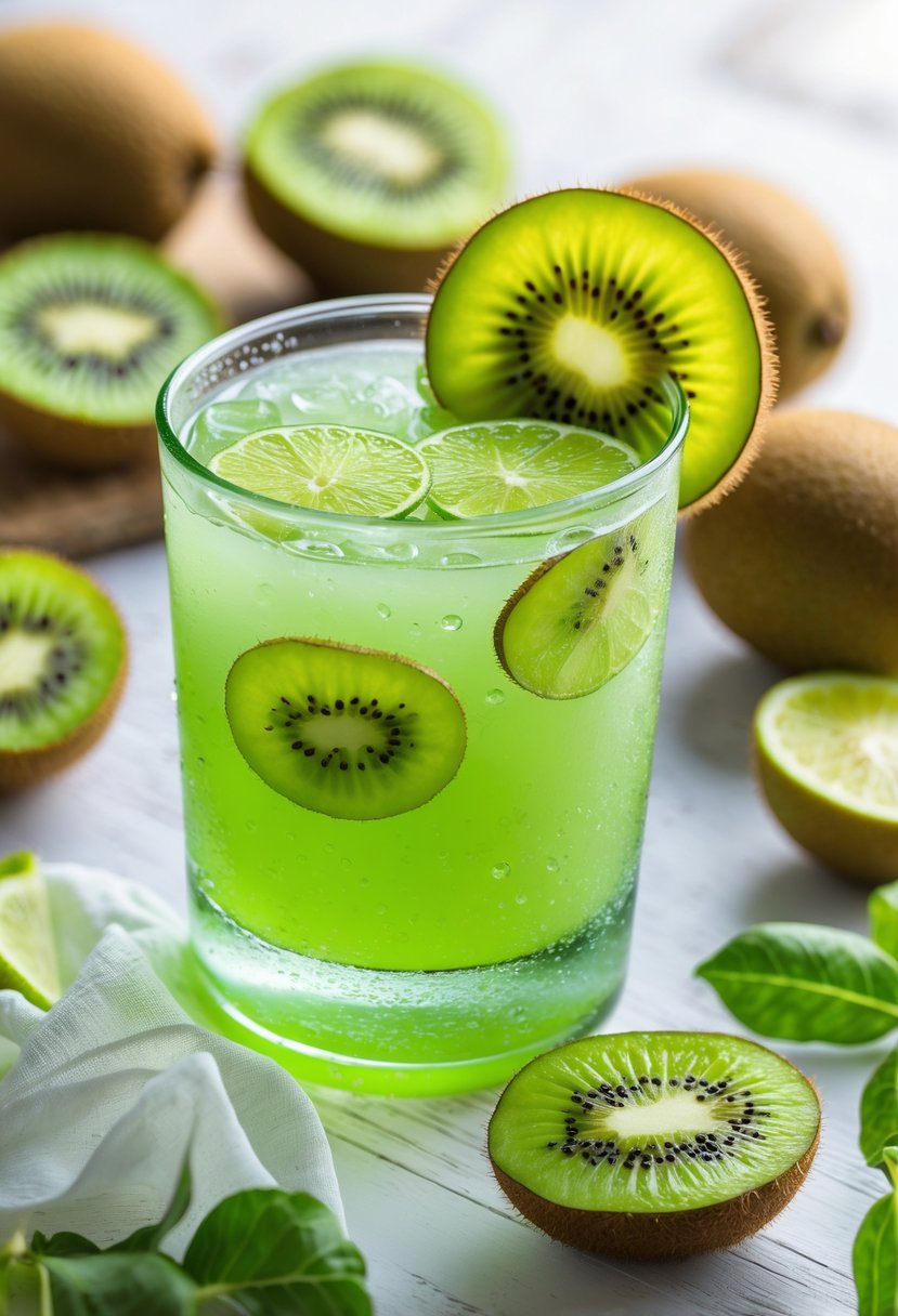 A glass of kiwi limeade garnished with kiwi and lime slices surrounded by fresh kiwis and limes on a wooden surface.