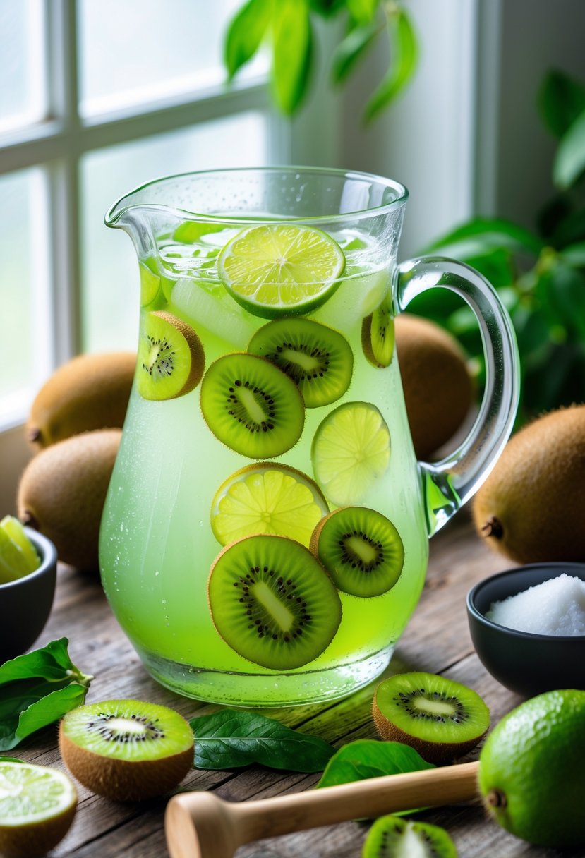 A glass pitcher of green kiwi limeade with kiwi and lime slices on a wooden table surrounded by fresh kiwis, limes, and a muddler.