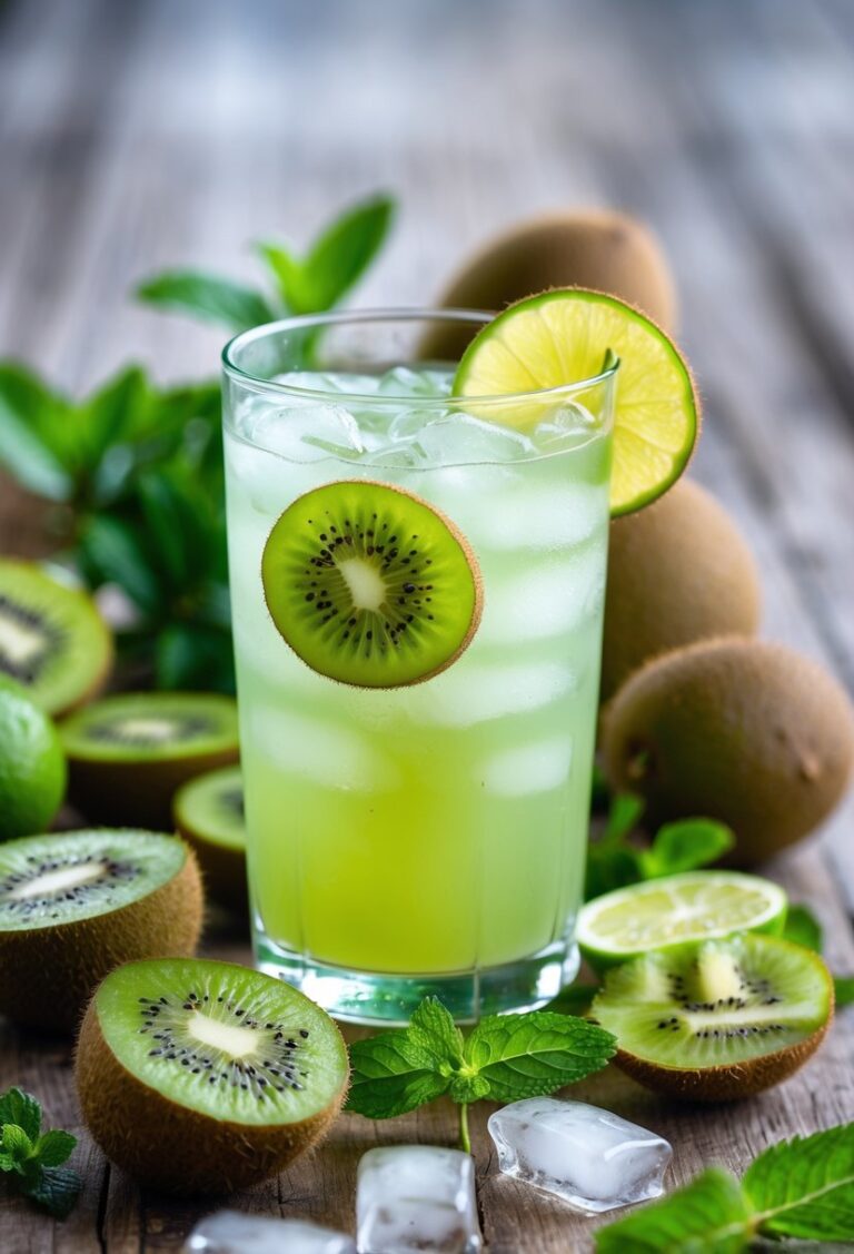 A glass of kiwi limeade garnished with kiwi and lime slices, surrounded by fresh kiwis, limes, ice cubes, and mint on a wooden table.