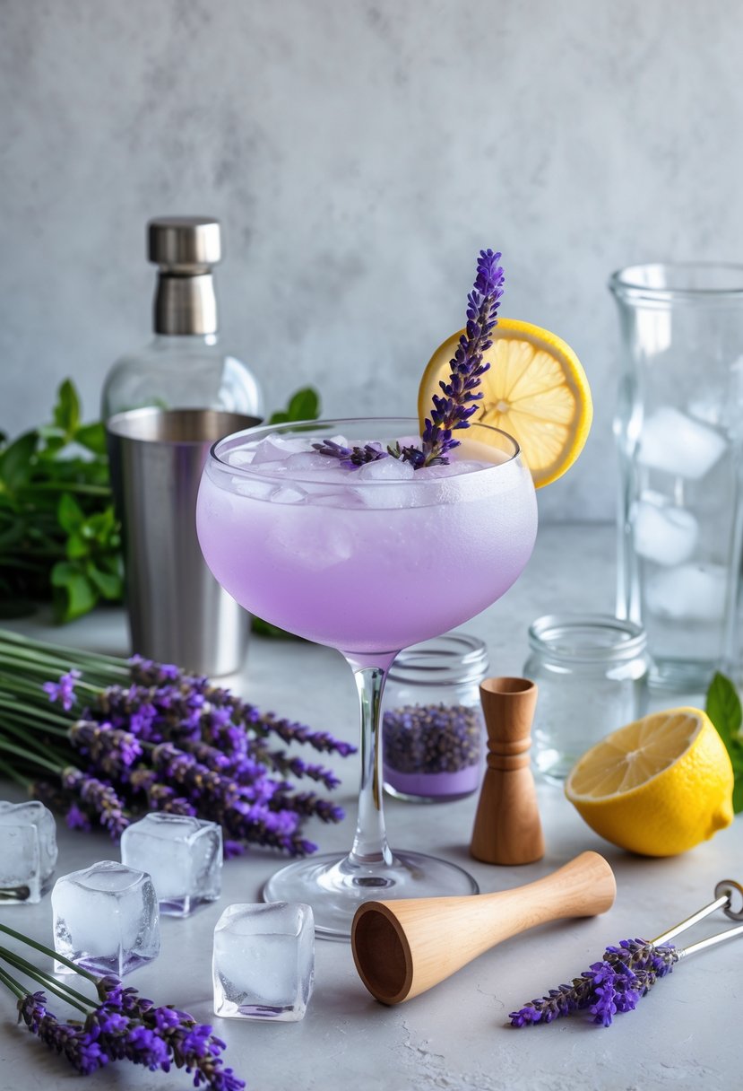A glass of lavender gin fizz cocktail garnished with lavender and lemon, surrounded by fresh lavender, gin bottle, lemon halves, ice cubes, and cocktail making tools on a bright countertop.