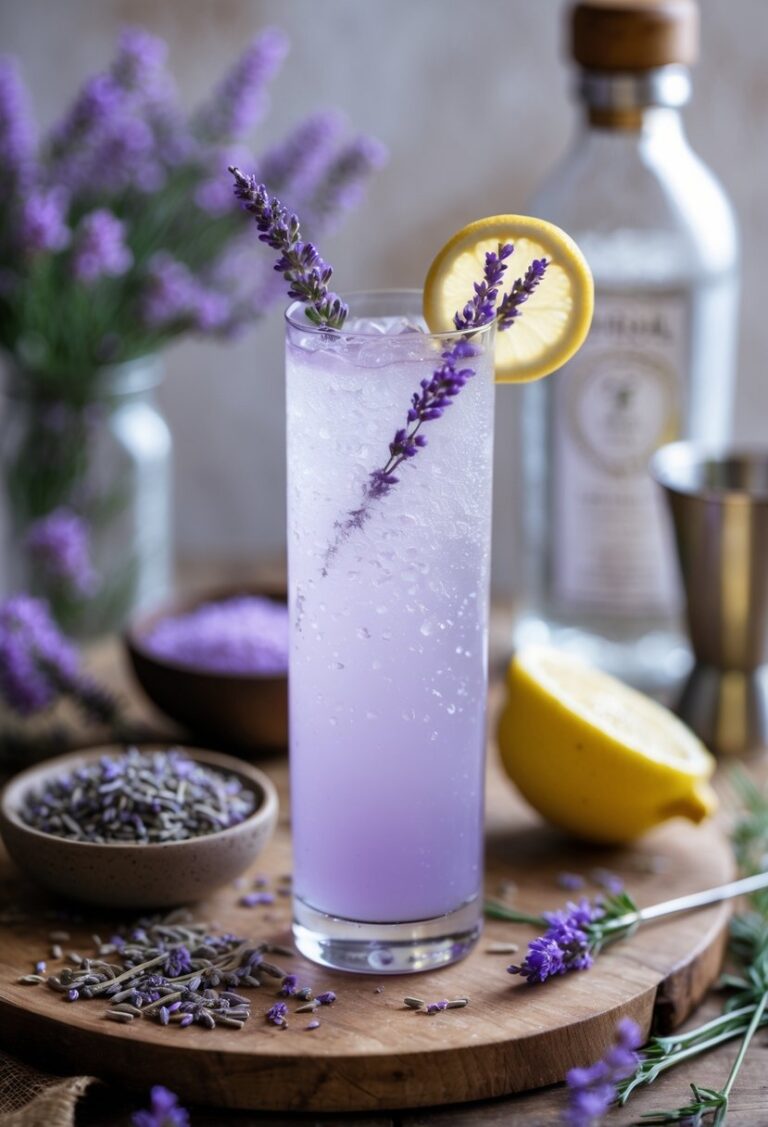 A tall glass of lavender gin fizz cocktail garnished with lavender and lemon on a wooden table with gin bottle, lemon, and dried lavender nearby.