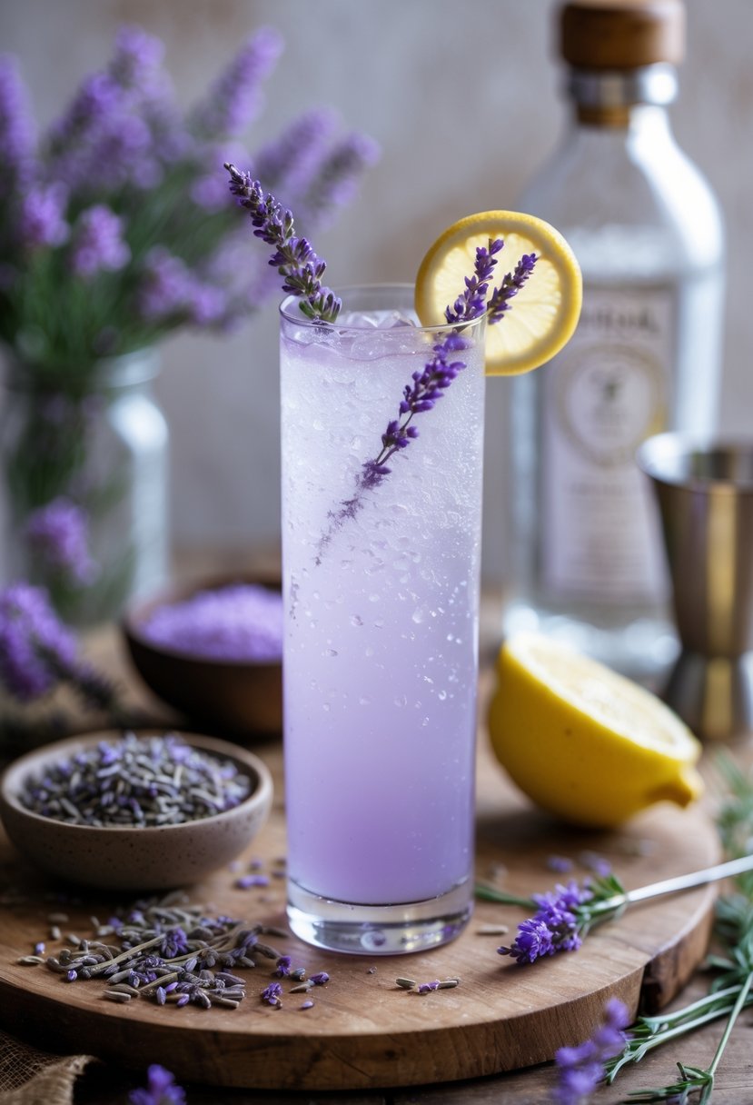 A tall glass of lavender gin fizz cocktail garnished with lavender and lemon on a wooden table with gin bottle, lemon, and dried lavender nearby.
