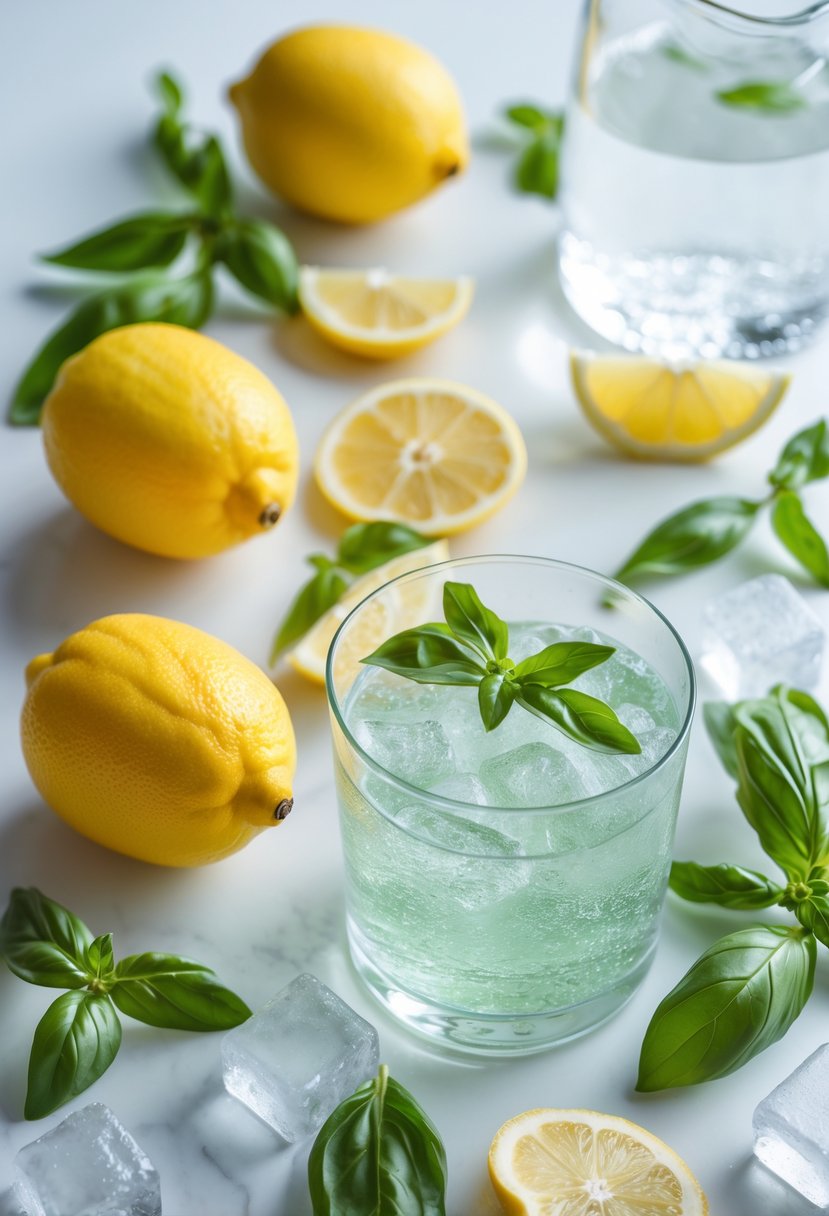 Fresh lemons, basil leaves, ice cubes, and a glass pitcher of sparkling water arranged on a white surface.
