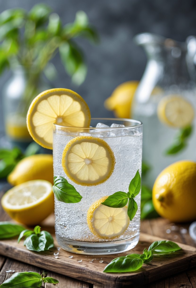 A glass of lemon basil spritzer with lemon slices and basil leaves on a wooden table surrounded by fresh lemons and basil.