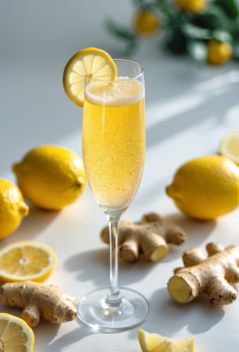 A glass of Lemon Ginger Mimosa cocktail garnished with lemon and ginger, surrounded by fresh lemons and ginger on a wooden table.
