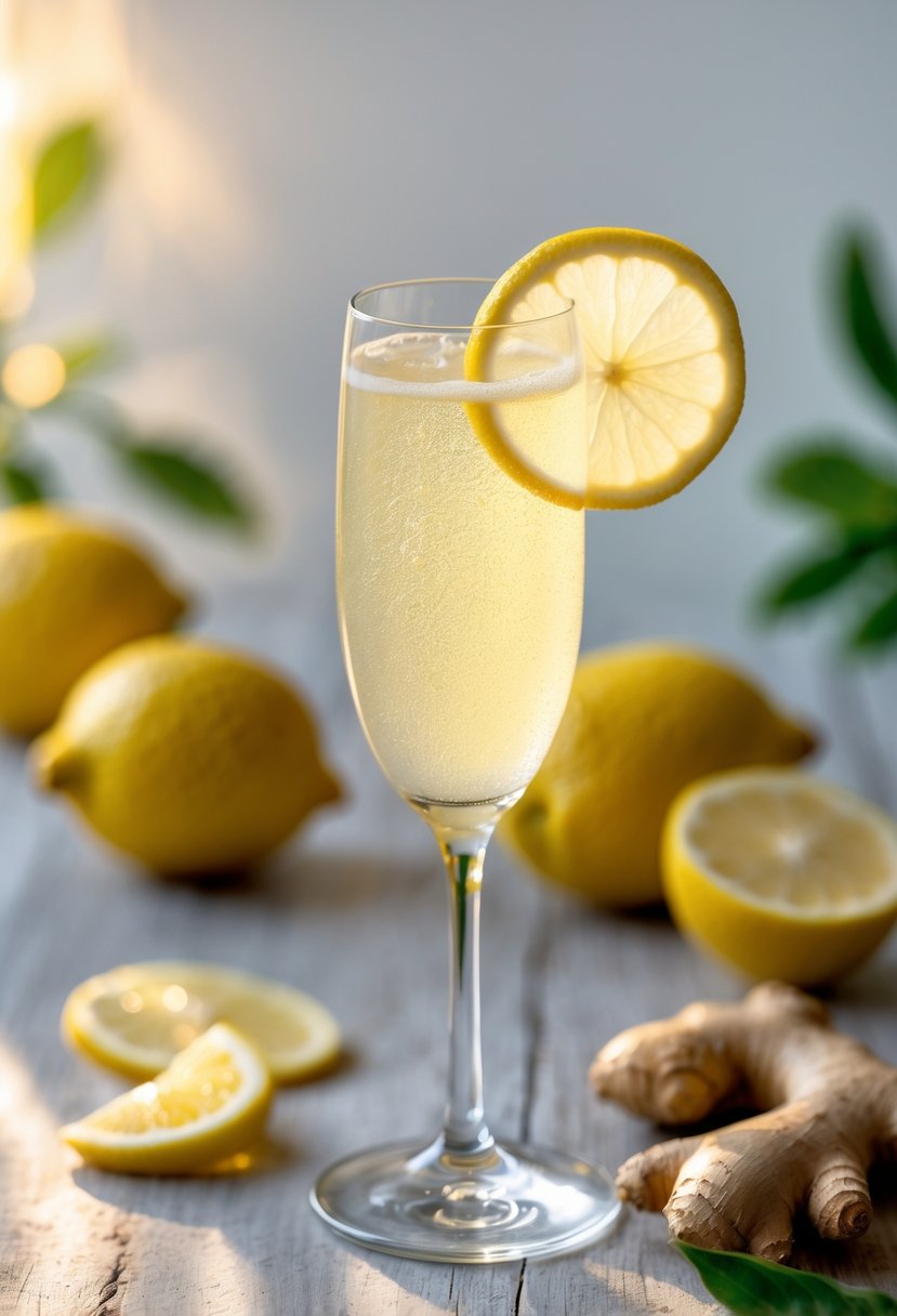A glass of lemon ginger mimosa garnished with a lemon wheel and fresh ginger root on a wooden surface with lemons and ginger nearby.