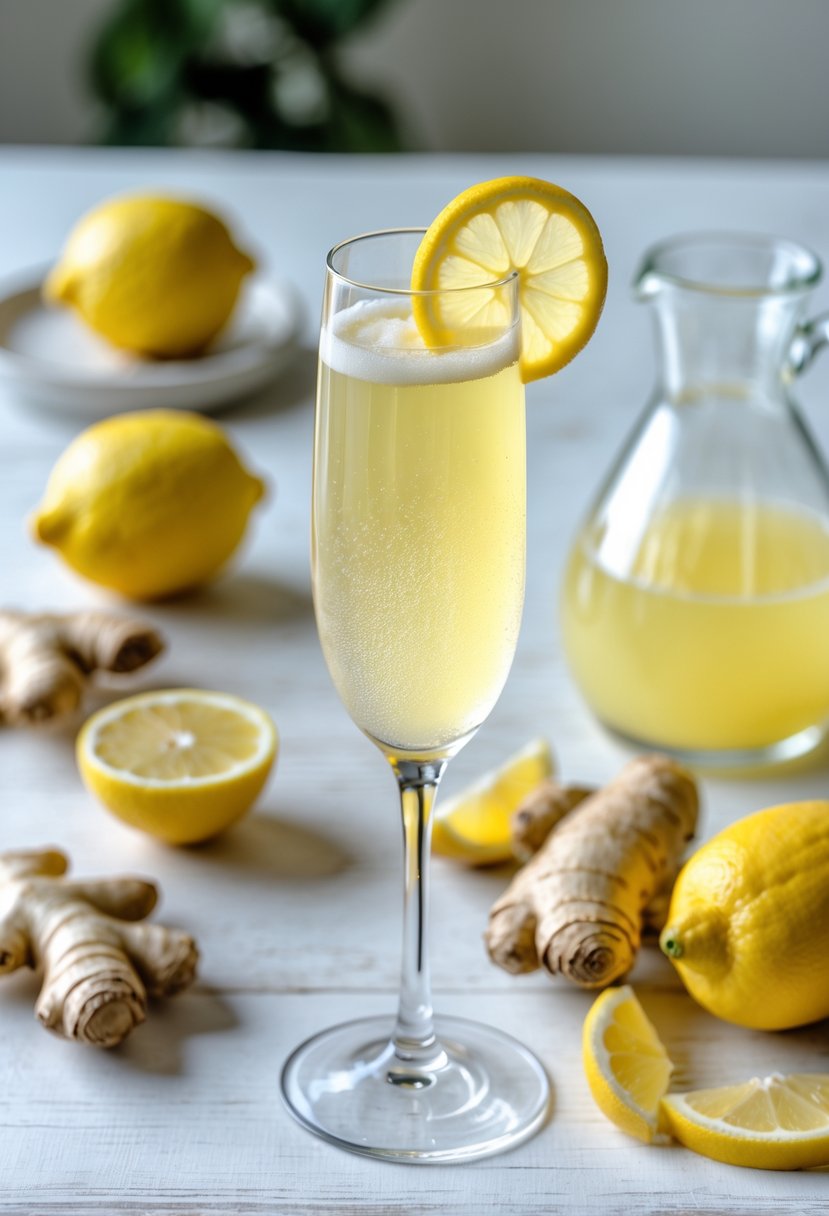 A glass of lemon ginger mimosa surrounded by fresh lemons and ginger on a wooden surface.