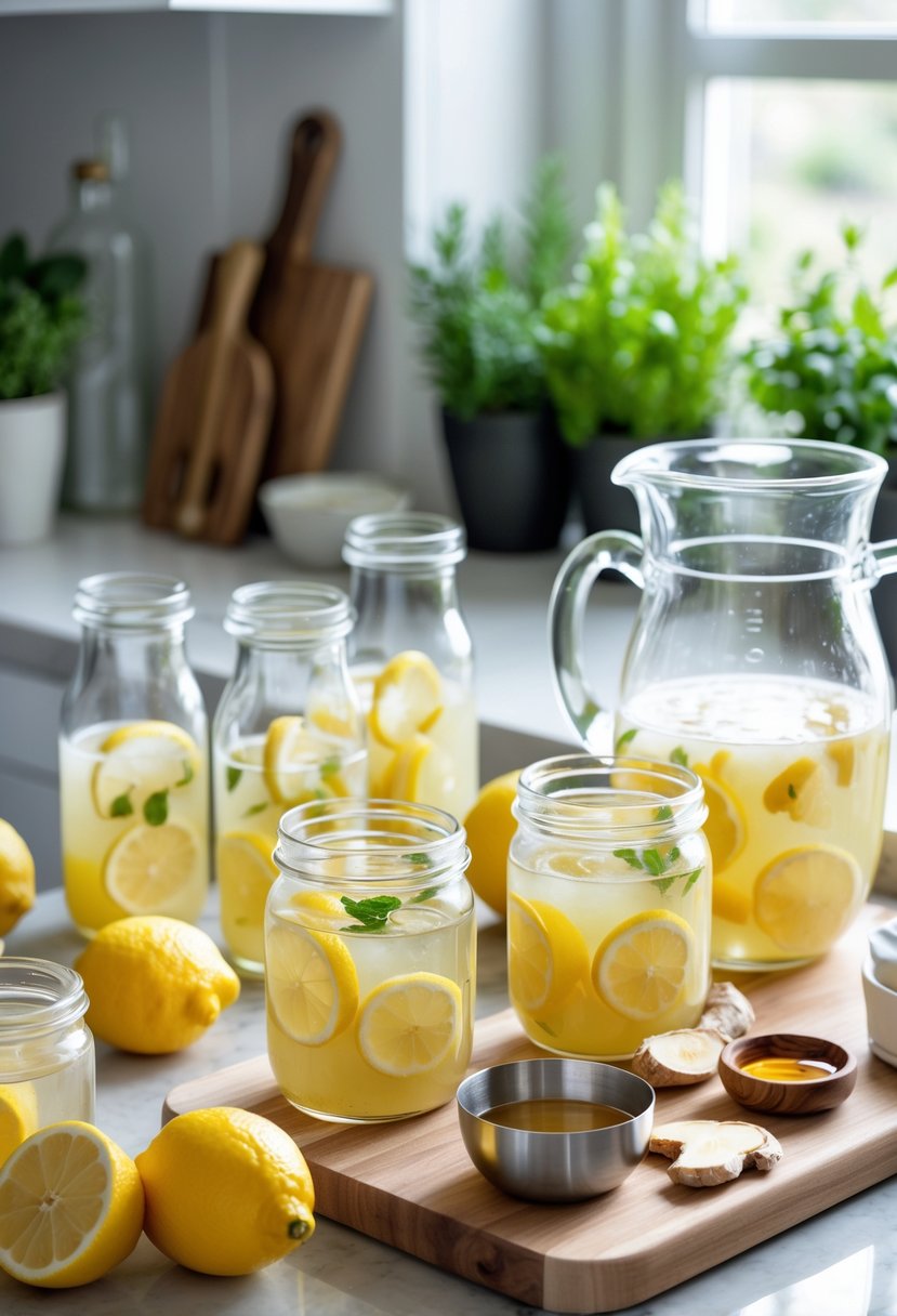 A kitchen countertop with glass bottles filled with lemon ginger mimosa, fresh lemon slices, ginger pieces, and a glass pitcher, showing ingredients and tools for batch preparation.