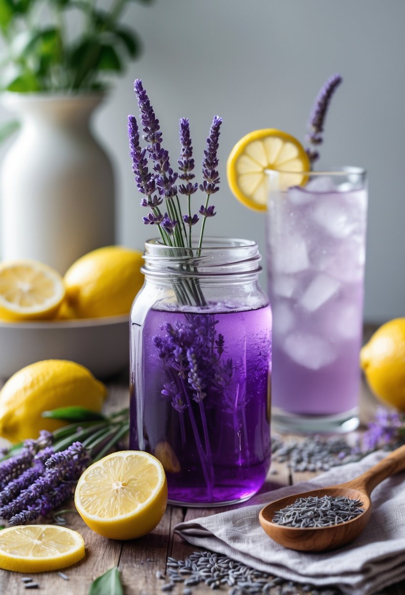 A kitchen countertop with a jar of lavender syrup, fresh lavender sprigs, lemons, and a glass of lemon lavender lemonade.