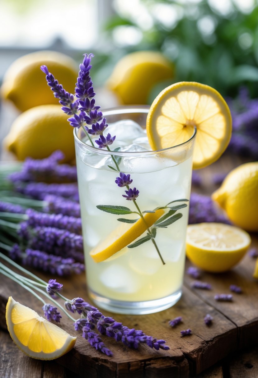 A glass of lemon lavender lemonade with lemon slices and lavender flowers on a wooden table surrounded by fresh lemons and lavender sprigs.