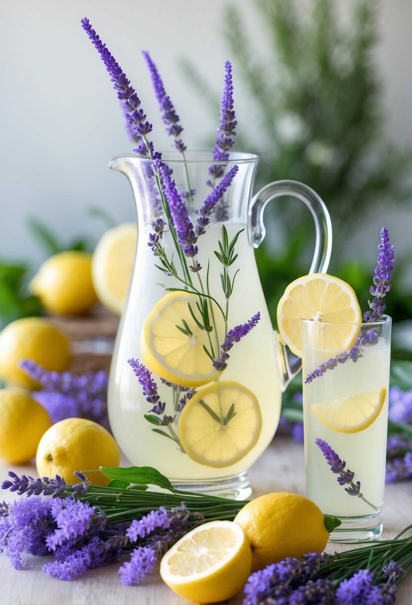 A glass pitcher and glass filled with lemon lavender lemonade surrounded by fresh lemons and lavender flowers on a wooden table.