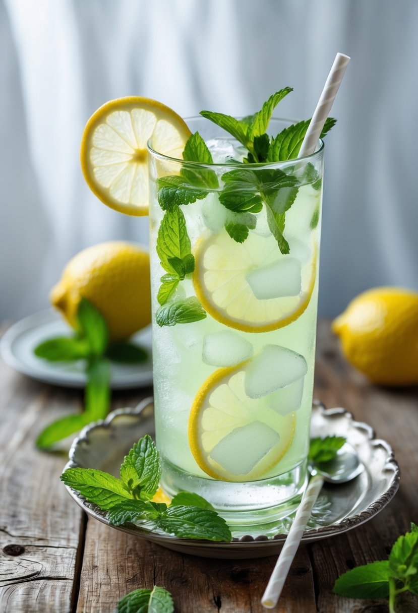 A tall glass of lemon mint cooler with ice, garnished with lemon slices and mint leaves, placed on a wooden table with lemons and mint around it.