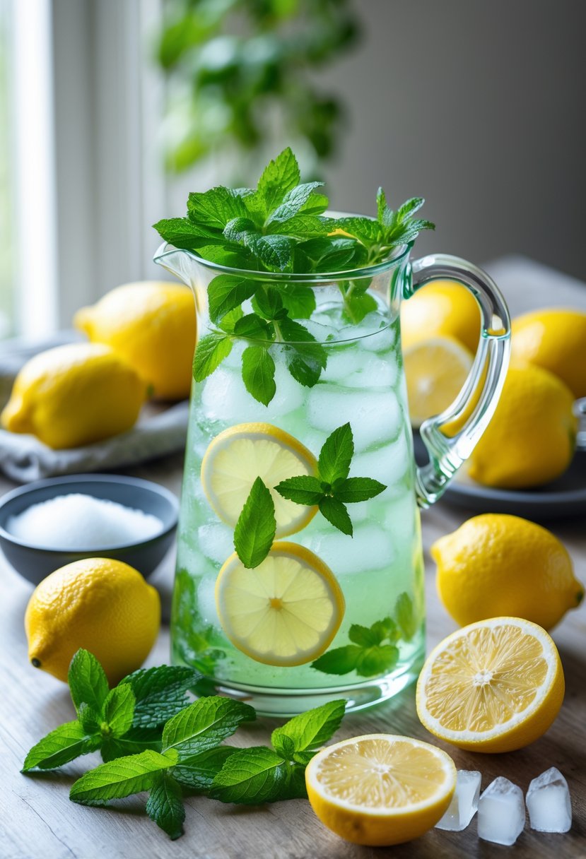 A glass pitcher of lemon mint cooler surrounded by fresh lemons, mint leaves, ice cubes, and a bowl of sugar on a wooden table.