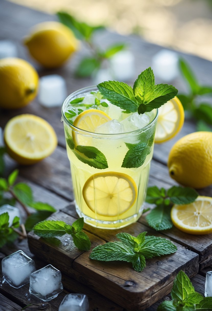 A glass of lemon mint cooler with lemon slices and mint leaves on a wooden table surrounded by fresh lemons, mint, and ice cubes.