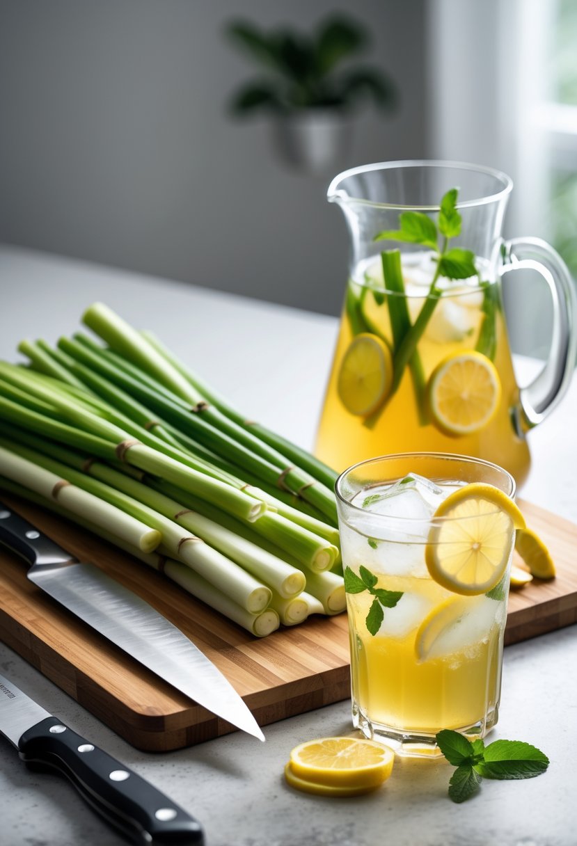 A glass pitcher and glass of lemongrass iced tea with lemon slices and mint, fresh lemongrass stalks on a cutting board with a knife in a bright kitchen setting.