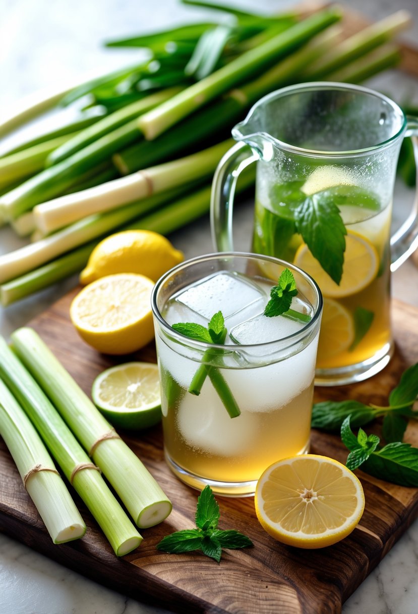 A glass pitcher of lemongrass iced tea with ice cubes, fresh lemongrass stalks on a cutting board, lemon slices, and mint sprigs on a kitchen countertop.