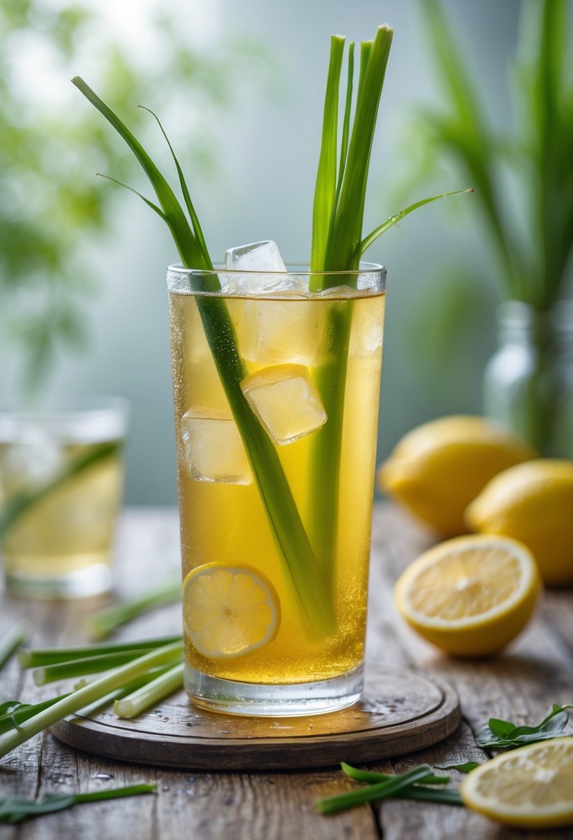 A glass of lemongrass iced tea with ice cubes and a lemongrass stalk garnish on a wooden table surrounded by fresh lemongrass and lemon slices.
