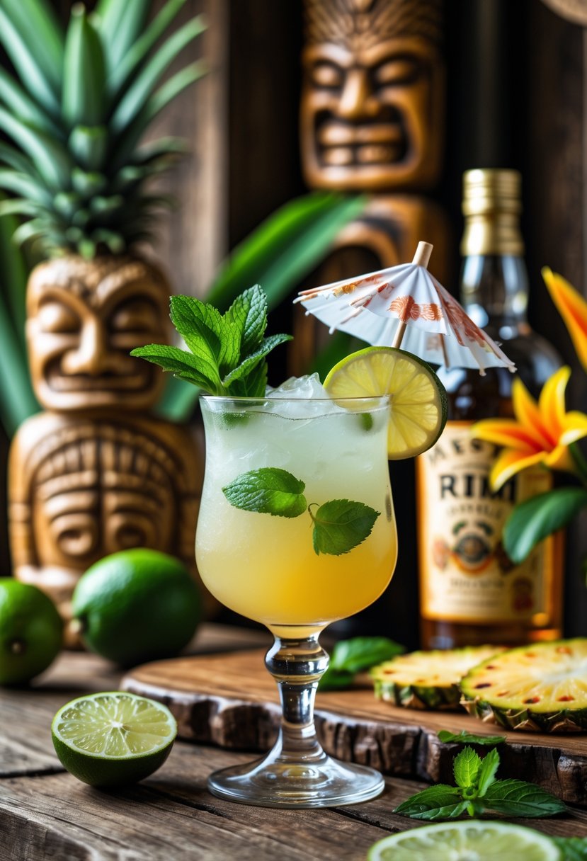 A Mai Tai cocktail garnished with mint and lime on a wooden bar with tropical fruits and tiki decorations in the background.