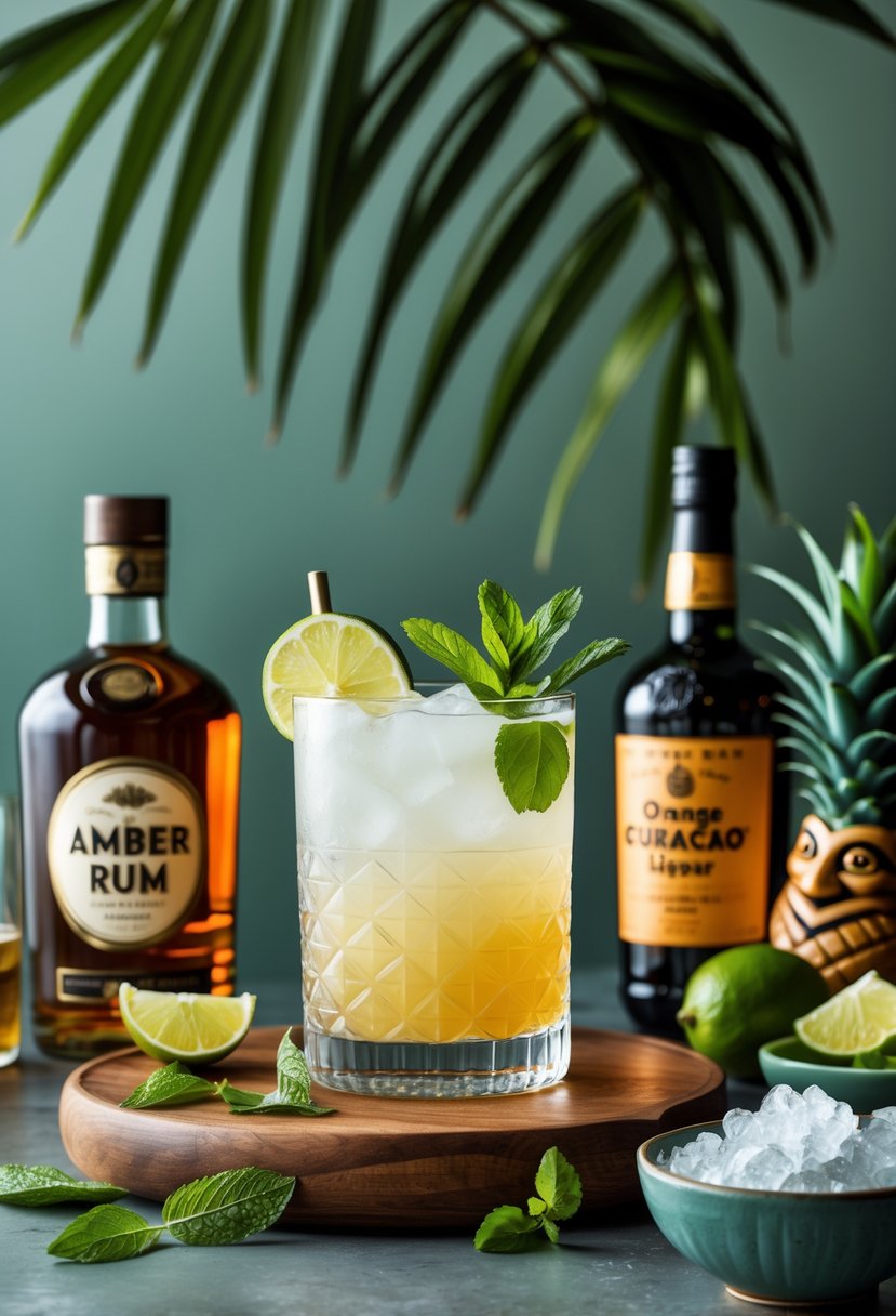 A glass of Mai Tai cocktail garnished with lime, mint, and pineapple surrounded by rum bottles, lime wedges, orange curaçao, orgeat syrup, mint leaves, and crushed ice on a wooden bar counter.