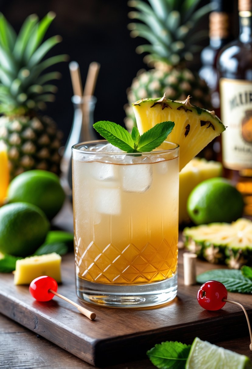 A classic Mai Tai cocktail on a wooden bar counter with lime, mint, and pineapple garnishes surrounded by fresh ingredients and rum bottle.