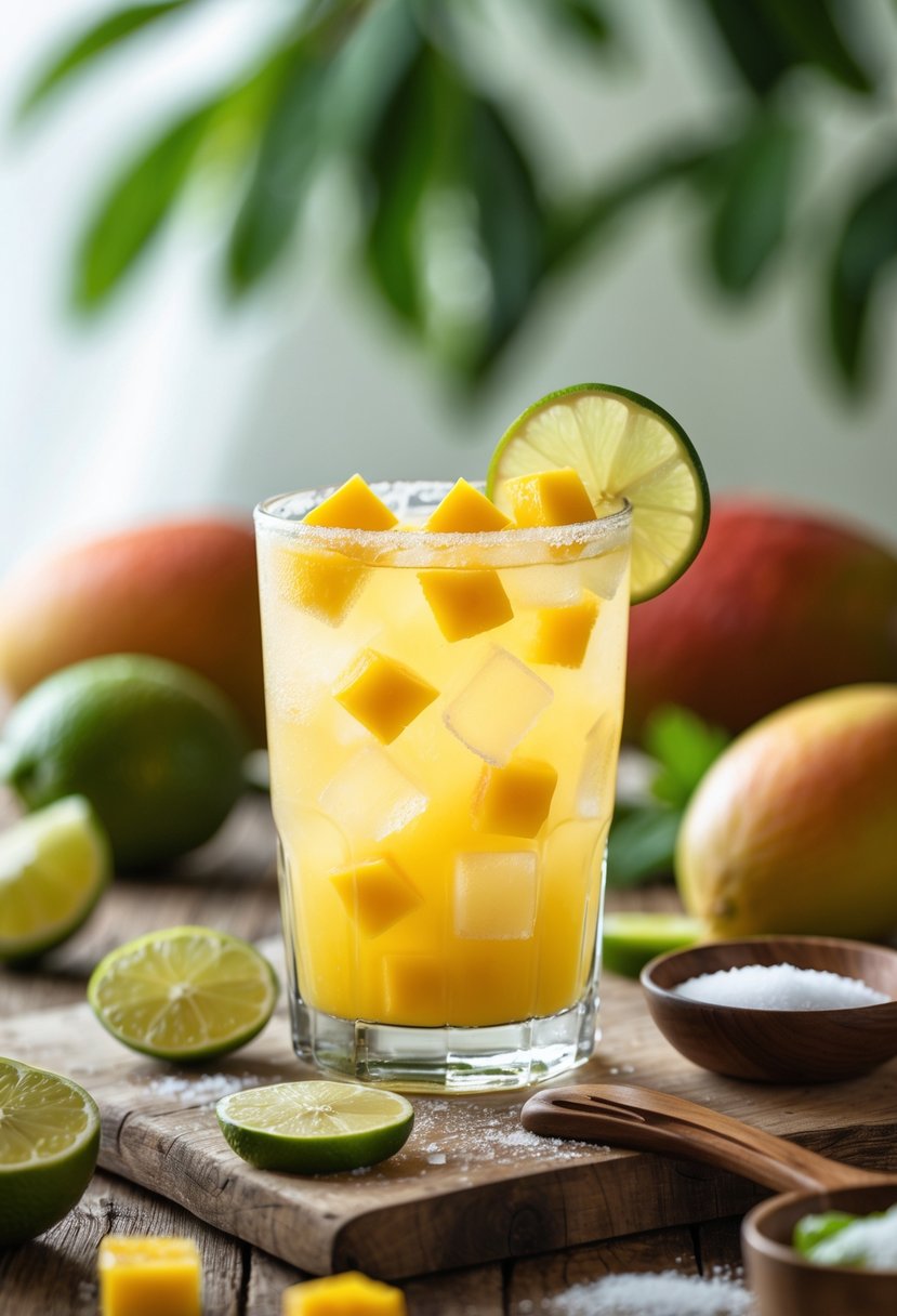 A glass of mango limonada garnished with a lime slice, surrounded by fresh mangoes and limes on a wooden table.