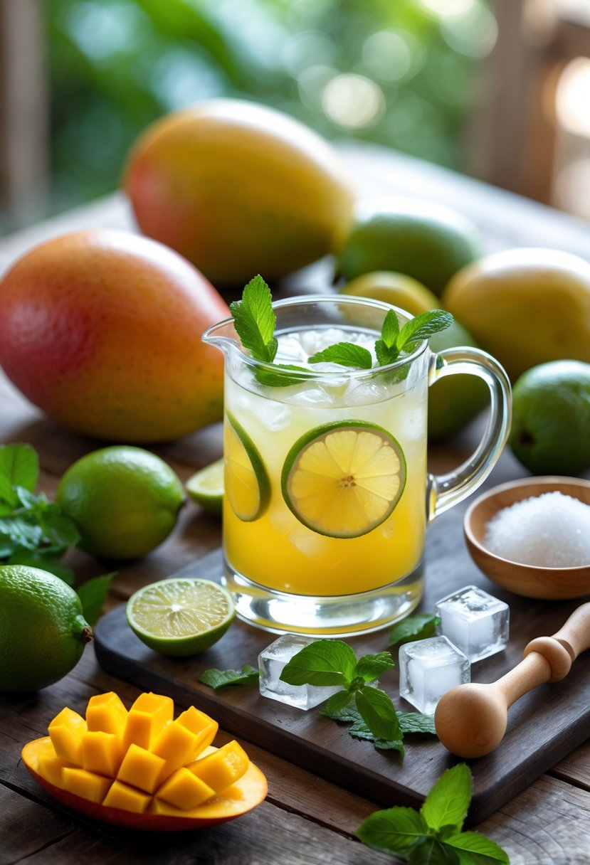 Fresh mangoes and limes arranged with a glass pitcher of mango limonada garnished with lime slices and mint on a wooden table.