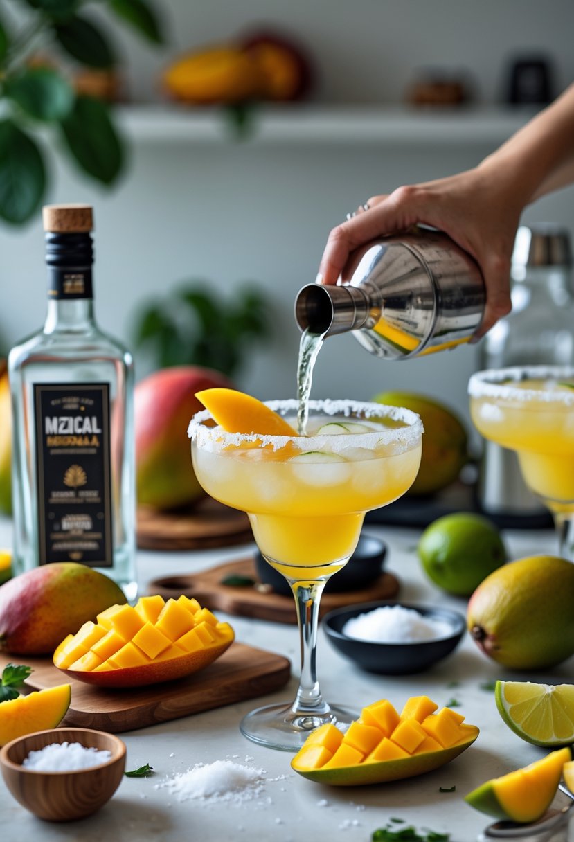 Hands preparing a Mango Mezcal Margarita with fresh mango slices, mezcal bottle, cocktail shaker, and garnished glass on a kitchen countertop.