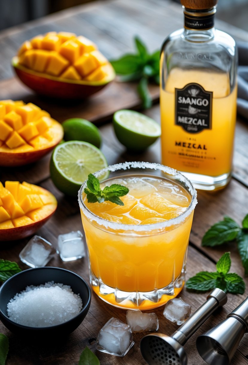 A wooden table with fresh mango slices, a bottle of mezcal, lime halves, a salted margarita glass filled with mango cocktail, and cocktail-making tools.