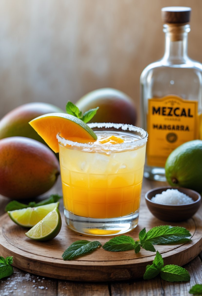 A glass of mango mezcal margarita garnished with mango slice and mint on a wooden table surrounded by fresh mangoes, mezcal bottle, salt, and lime wedges.
