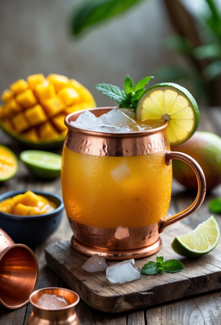 A copper mug filled with a mango mule cocktail garnished with lime and mint on a wooden table with fresh mango slices and mango puree nearby.