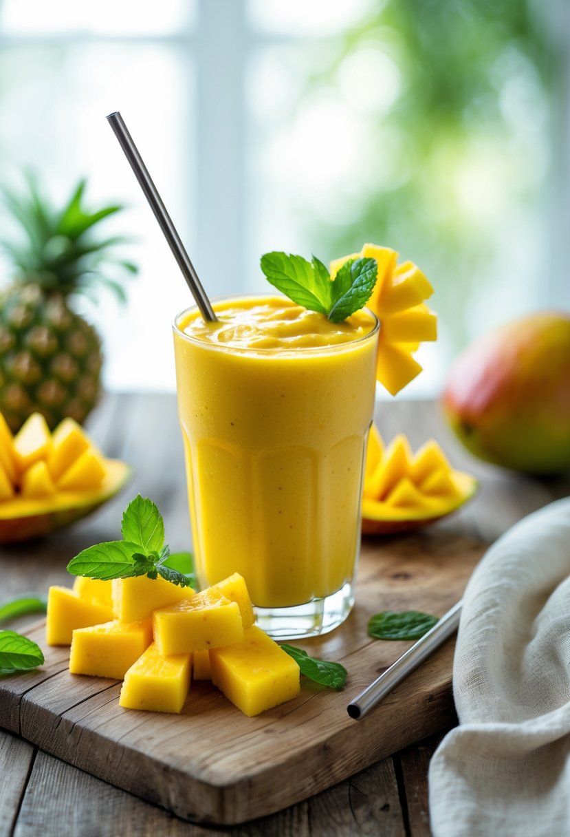 A glass of mango pineapple smoothie on a wooden table surrounded by fresh mango slices, pineapple chunks, and mint leaves.