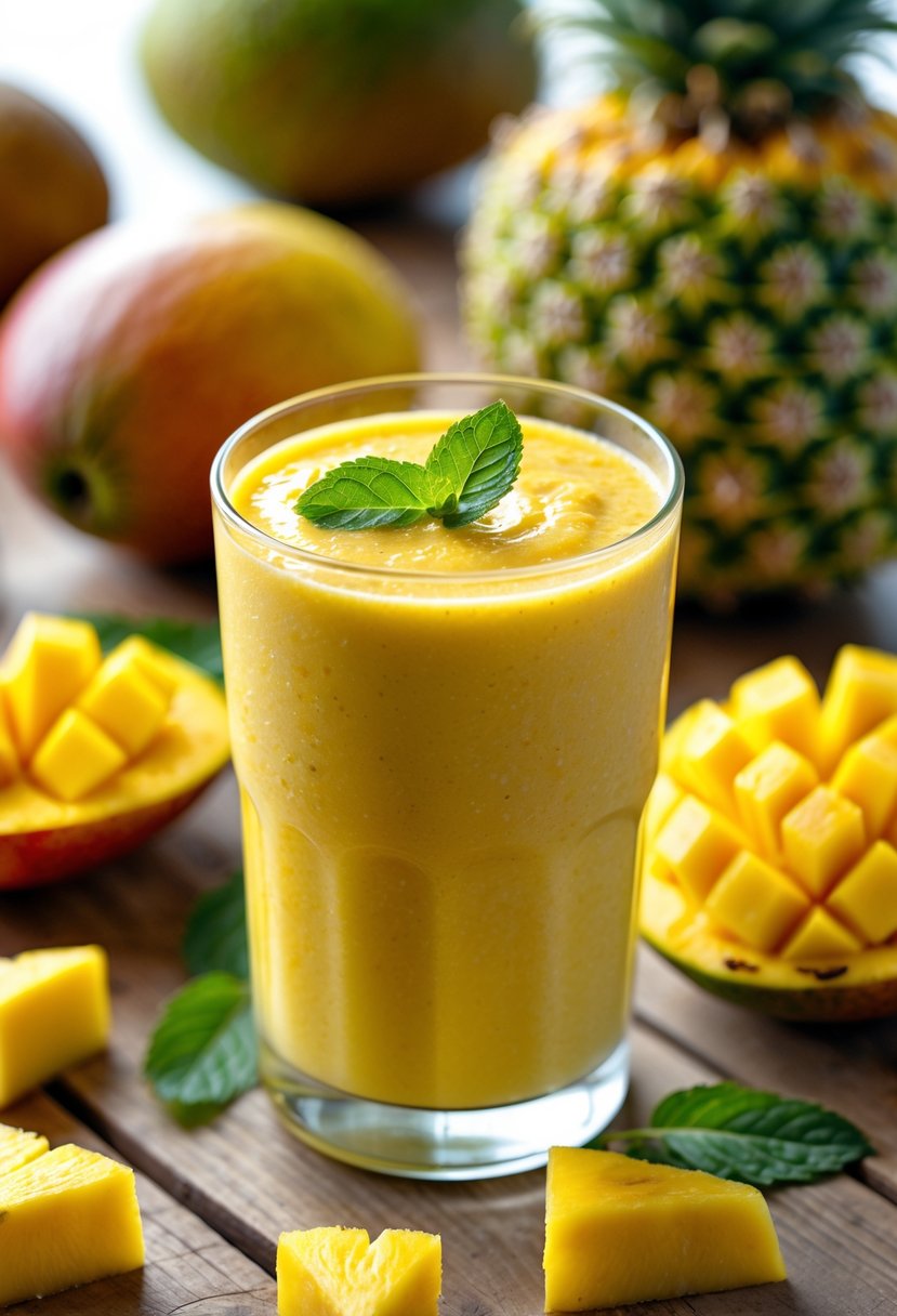 A glass of mango pineapple smoothie surrounded by fresh mango slices and pineapple chunks on a wooden table.