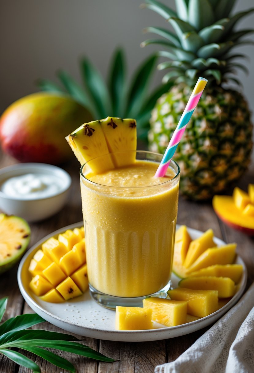 A glass of mango pineapple smoothie on a wooden table with fresh mango slices and pineapple chunks arranged nearby.