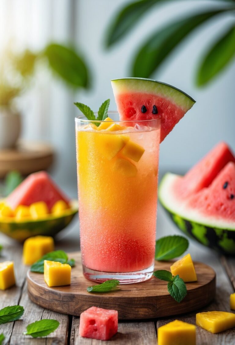 A glass of Mango Watermelon Refresher drink garnished with mango and watermelon slices, surrounded by fresh fruit pieces and mint leaves on a wooden table.