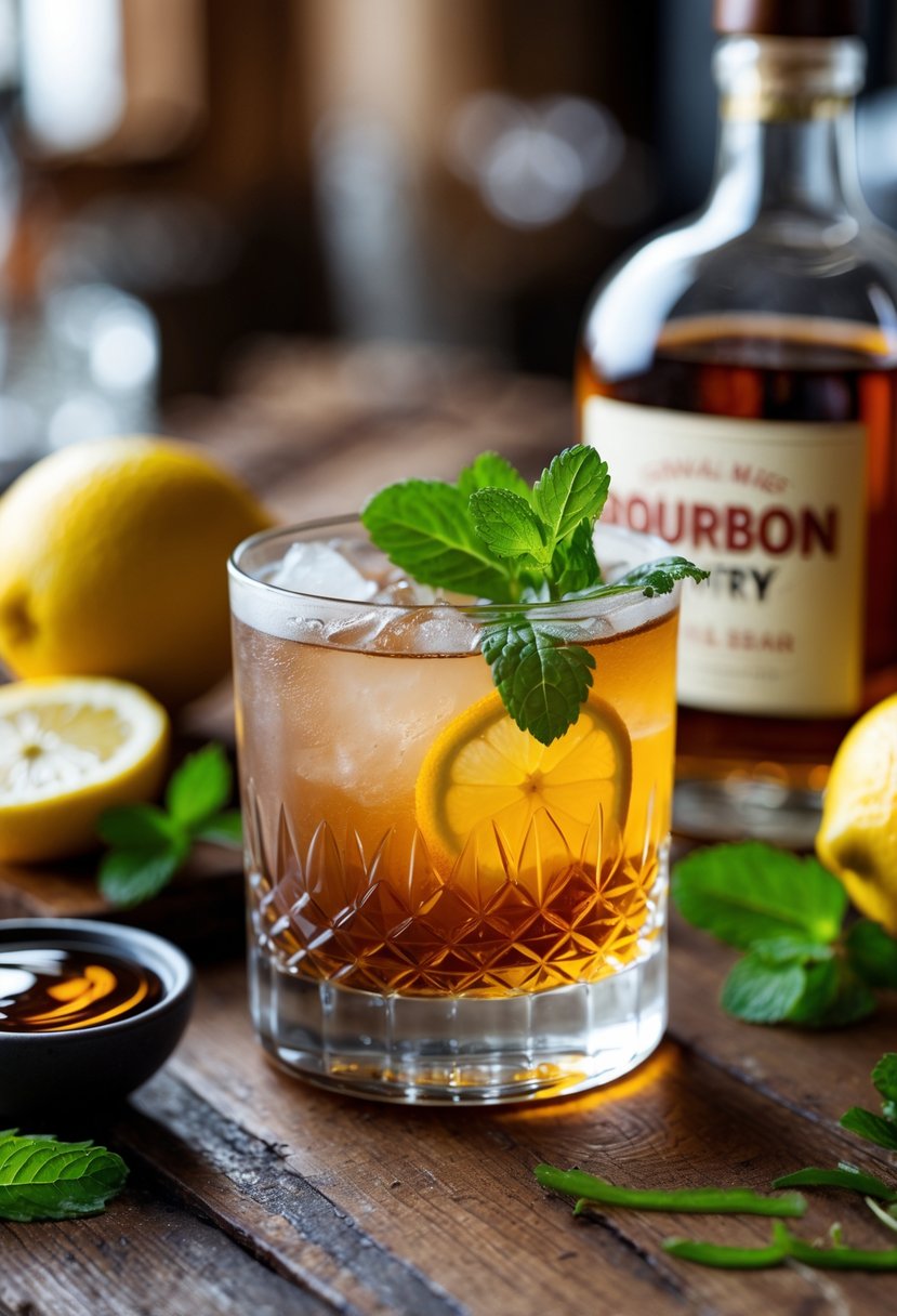 A glass of Maple Bourbon Smash cocktail garnished with mint and citrus on a wooden bar counter surrounded by maple syrup, lemons, mint, and a bourbon bottle.