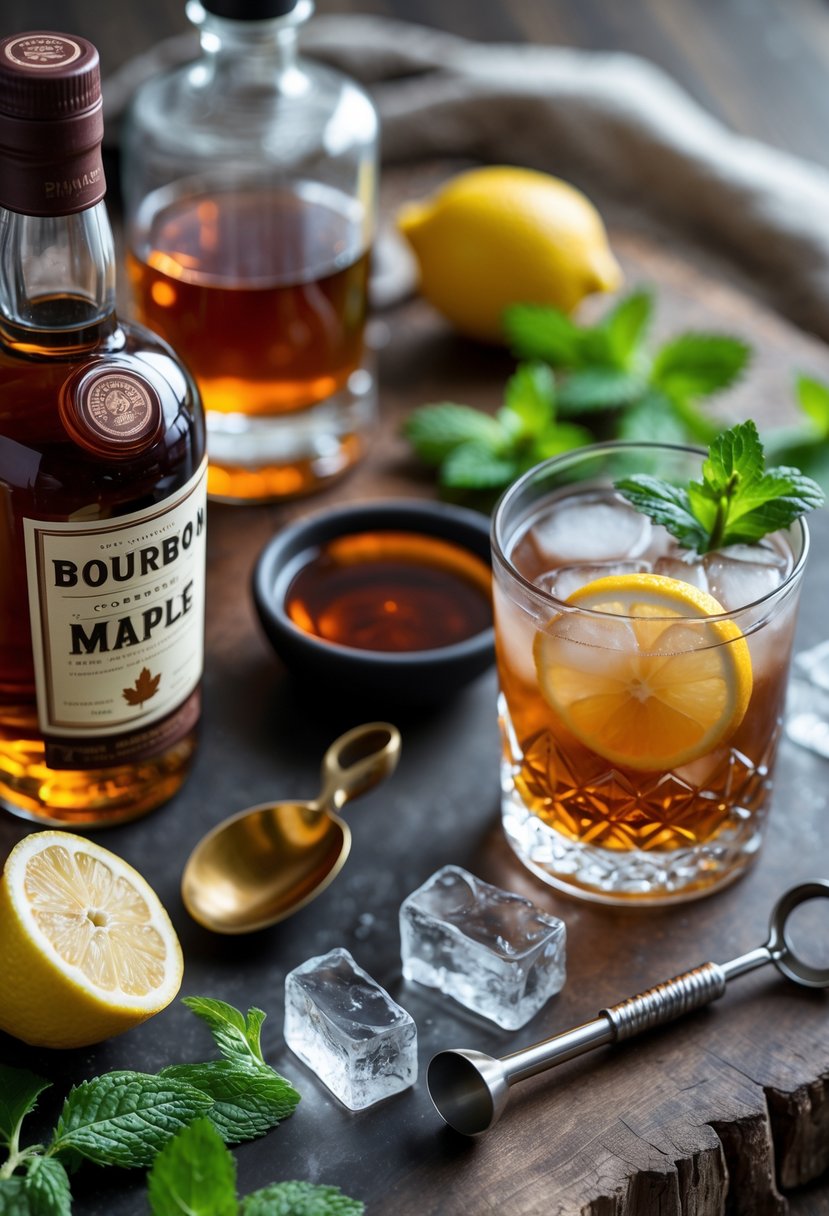 Ingredients for a Maple Bourbon Smash cocktail arranged on a wooden surface, including bourbon, maple syrup, mint leaves, lemon wedges, ice cubes, and a prepared cocktail glass garnished with mint and lemon.