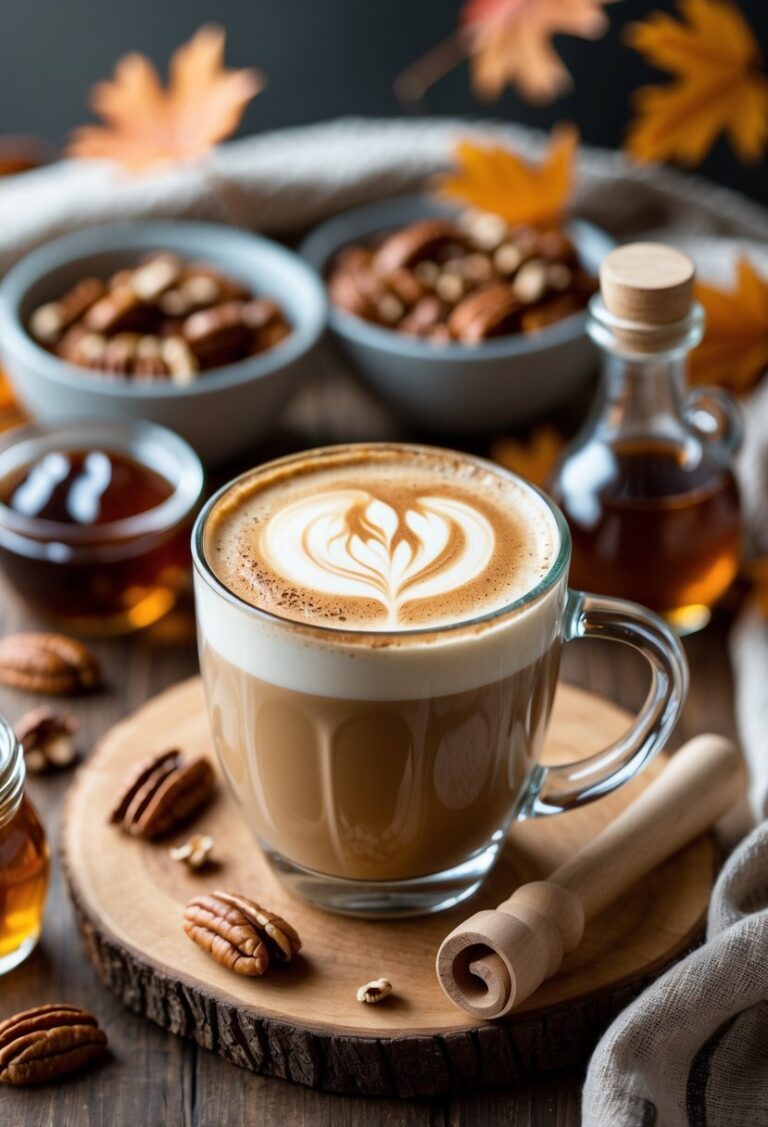 A glass mug of maple pecan latte with frothy top on a wooden table surrounded by maple syrup, chopped and whole pecans.