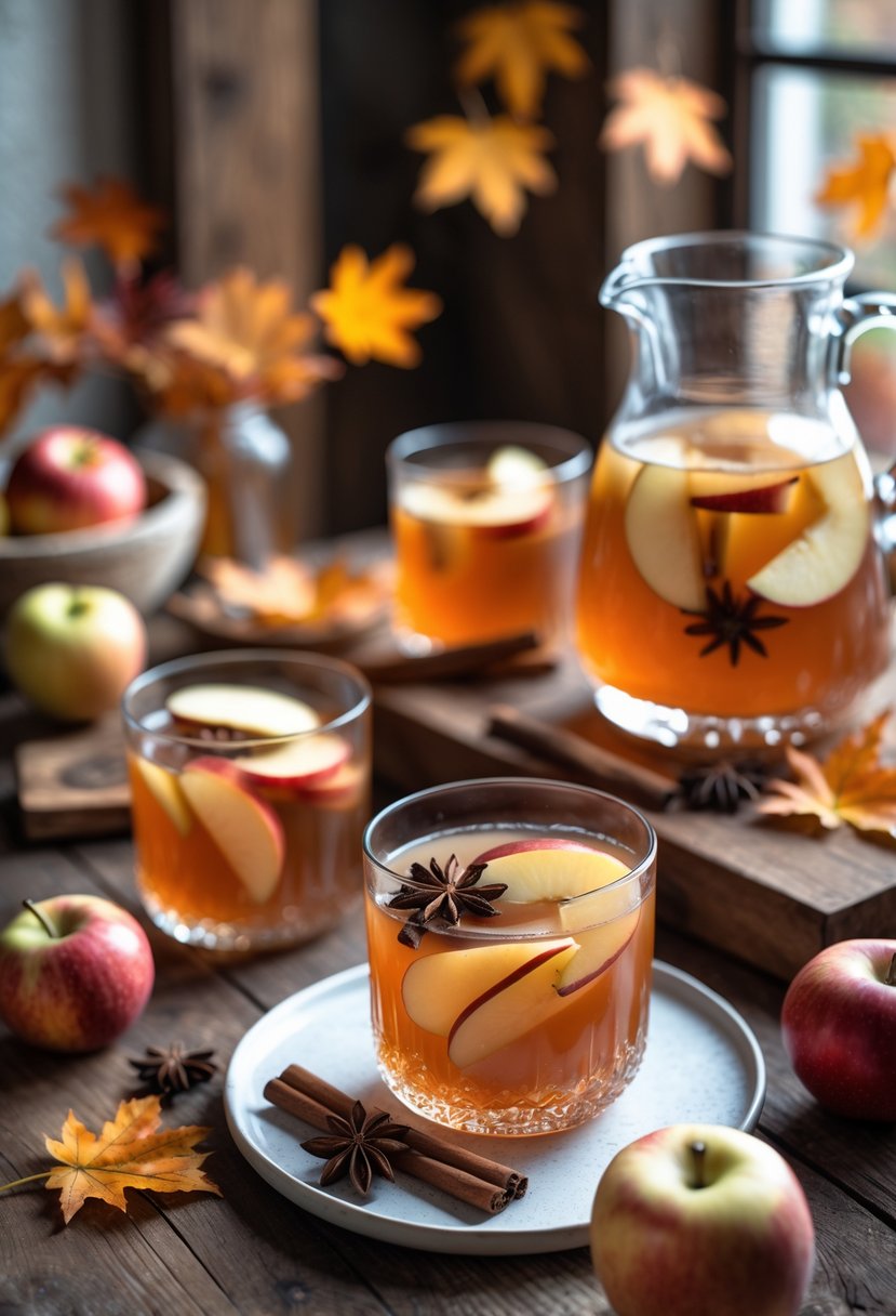A pitcher and glasses of maple spiced apple punch garnished with apple slices and cinnamon sticks on a wooden table with autumn decorations.