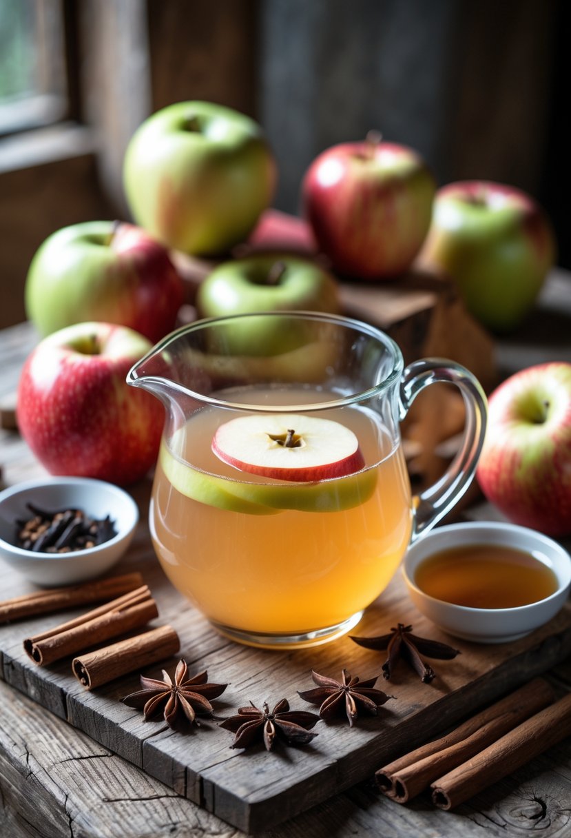 A wooden table with fresh apples, cinnamon sticks, star anise, cloves, maple syrup, and a glass pitcher of apple punch garnished with apple slices and cinnamon sticks.
