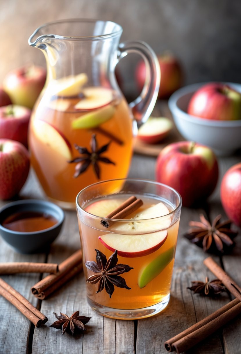 A glass pitcher and glass filled with maple spiced apple punch surrounded by apples, cinnamon sticks, star anise, and maple syrup on a wooden table.