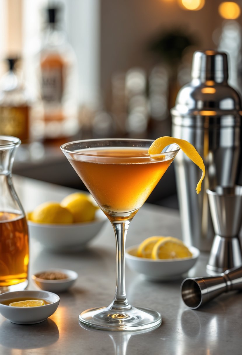A maple syrup martini in a glass on a bar counter with ingredients like maple syrup, lemon slices, and a cocktail shaker nearby.