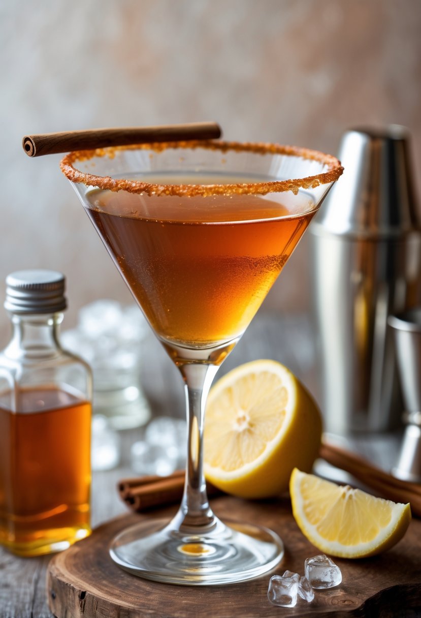 A martini glass filled with maple syrup martini on a wooden surface surrounded by maple syrup bottle, lemon wedge, cocktail shaker, and jigger.