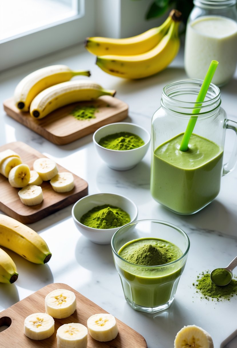 A kitchen countertop showing the steps to prepare a matcha banana smoothie with bananas, matcha powder, milk, a blender, and the finished smoothie in a glass.