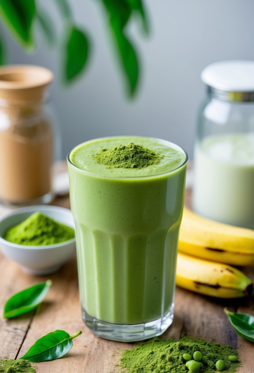 A glass of green matcha banana smoothie on a wooden table with matcha powder, bananas, and green tea leaves around it.