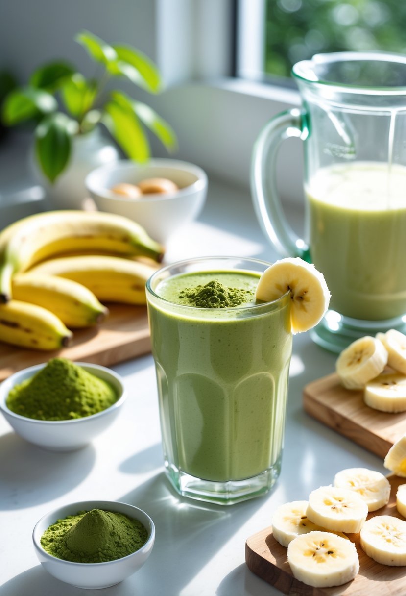 A kitchen countertop with matcha powder, sliced bananas, almond milk, a blender, and a glass of green matcha banana smoothie.