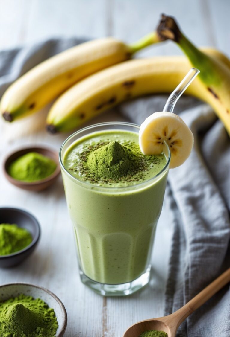 A glass of matcha banana smoothie with matcha powder and banana slices nearby on a wooden surface.